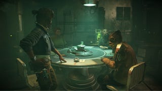 Star Wars Outlaws: a group of people sit and conspire in a dimly lit staging room