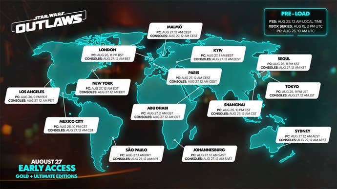 Map showing the early release times across the globe for Star Wars Outlaws.