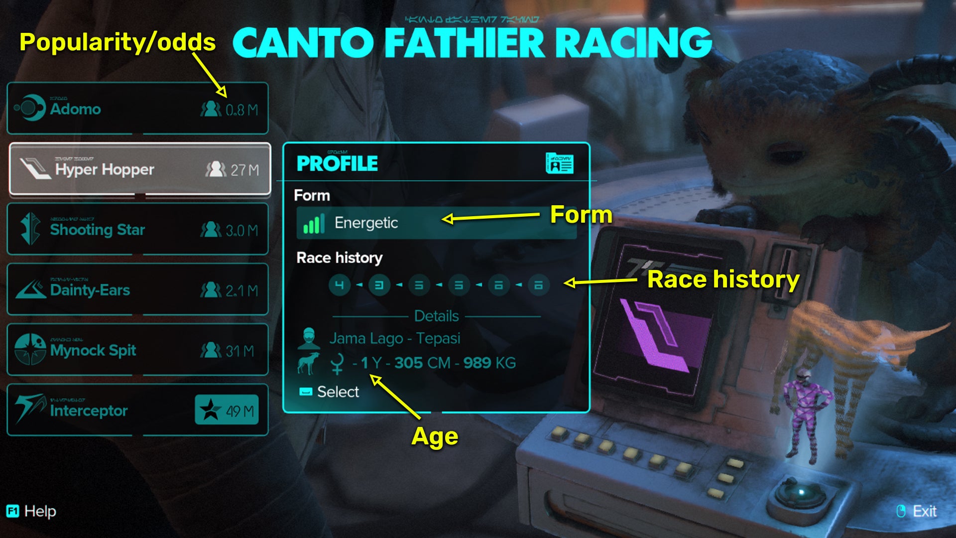 Star Wars Outlaws screenshot of a Fathier Race selection, showing important information to take into account when choosing your Fathier. - 3