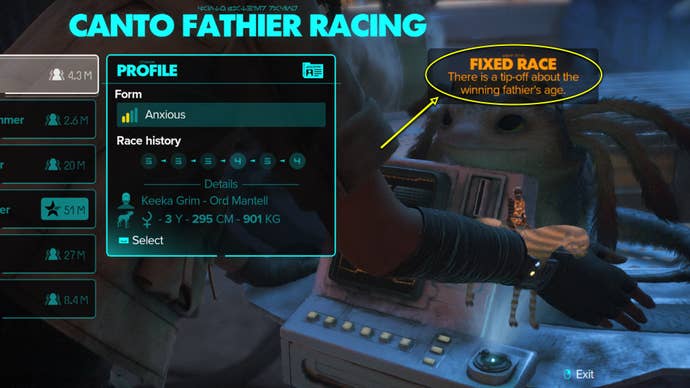 Star Wars Outlaws screenshot of a Fathier Fixed Race message on the racing board.