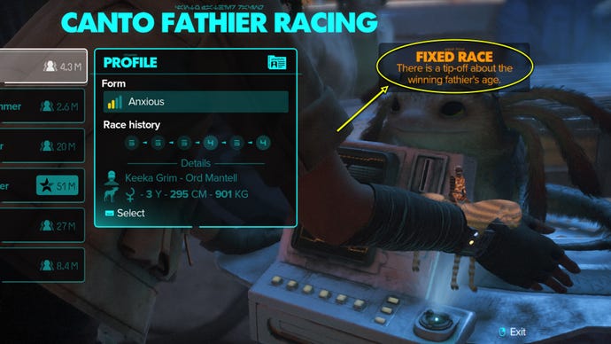 Star Wars Outlaws screenshot of a Fathier Fixed Race message on the racing board.