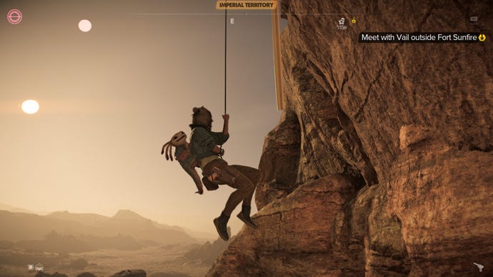 Kay and Nix grapple down a cliff in Star Wars Outlaws