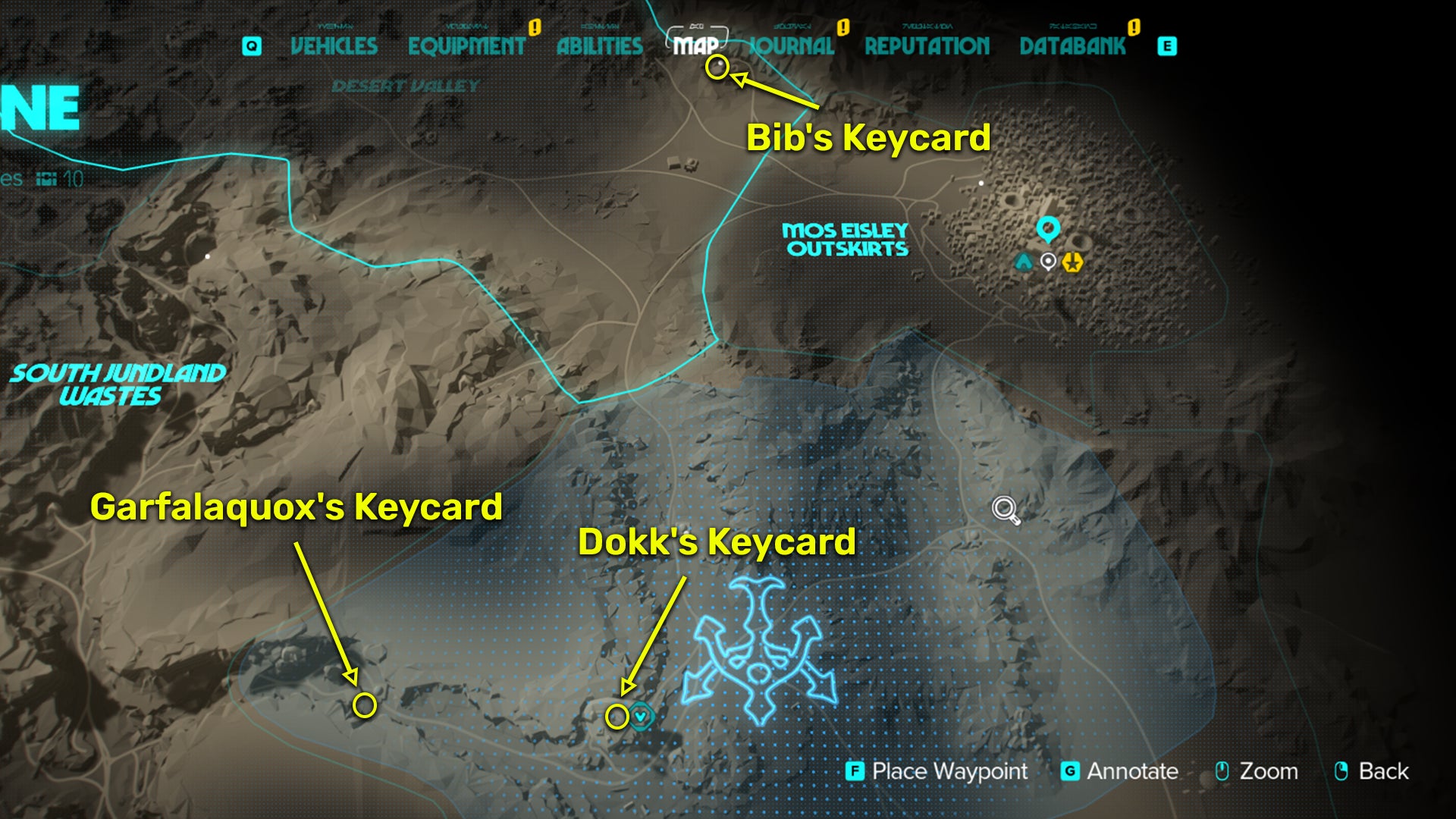 Star Wars Outlaws screenshot of the Hutt vault keycard locations on Tatooine.