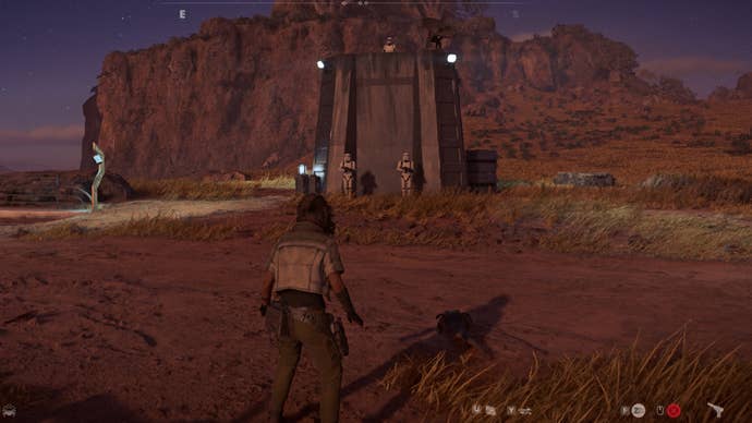 Star Wars Outlaws screenshot of an Imperial Terminal, guarded by Stormtroopers.