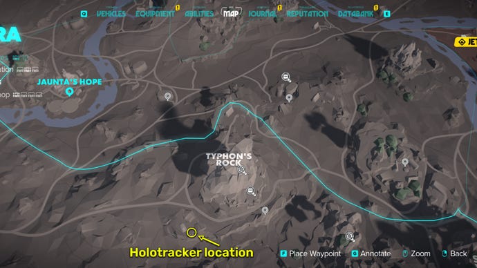 Captura de pantalla de Star Wars Outlaws de la ubicación del mapa Holotracker cerca de Typhon's Rock en Toshara.