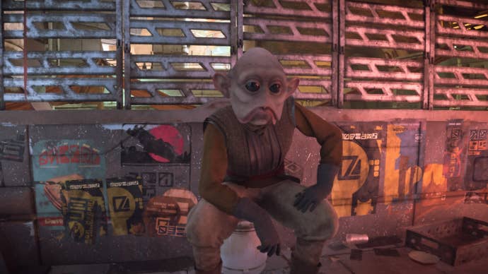 star wars outlaws kaslo mission technician on stool in alley