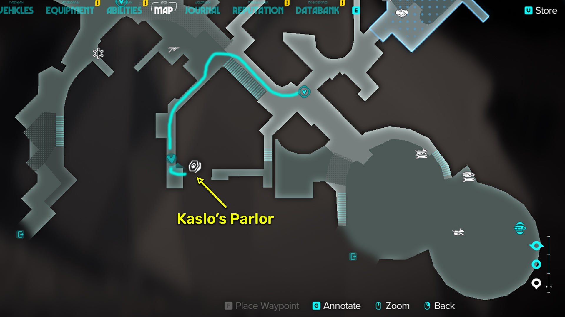 Star Wars Outlaws screenshot of the route to get into Kaslo's Parlor in Mirogana City. - 3