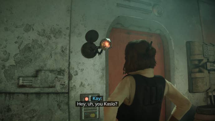 star wars outlaws kay and gatekeeper droid outside kaslo’s