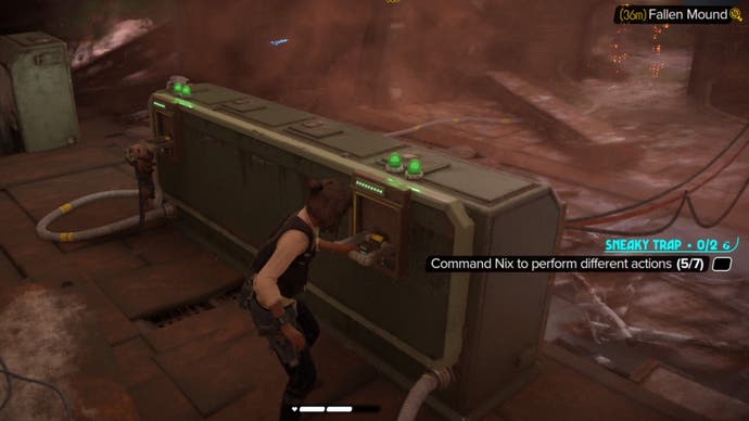 Star Wars outlaws Kay and Nix activate levers in a fallen mound