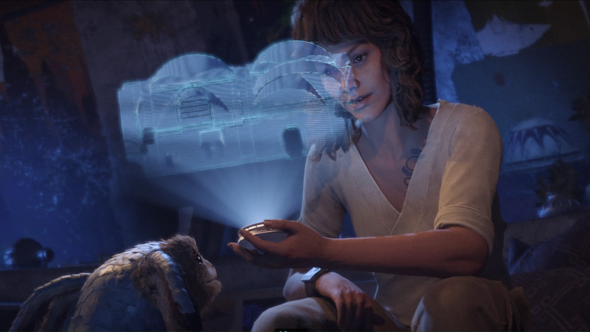 star wars outlaws kay and nix using holoprojector