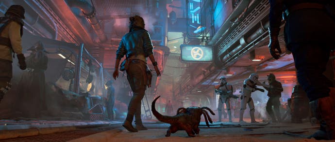 An in-game screenshot of Kay and Nix on the streets of Mirogana.