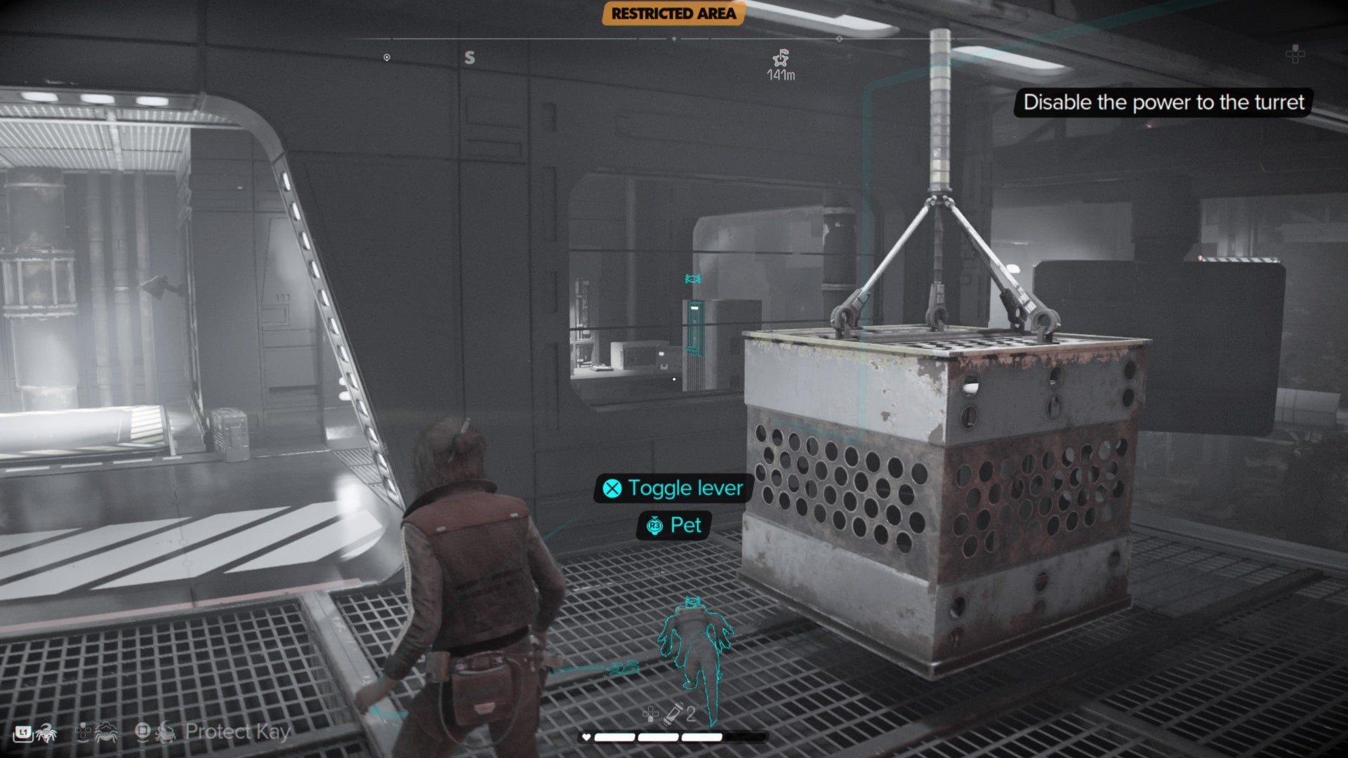 star wars outlaws kay commanding nix to pull lever droidsmith mission