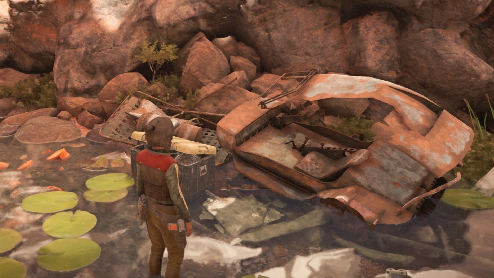 star wars outlaws kay facing crashed speeder on toshara