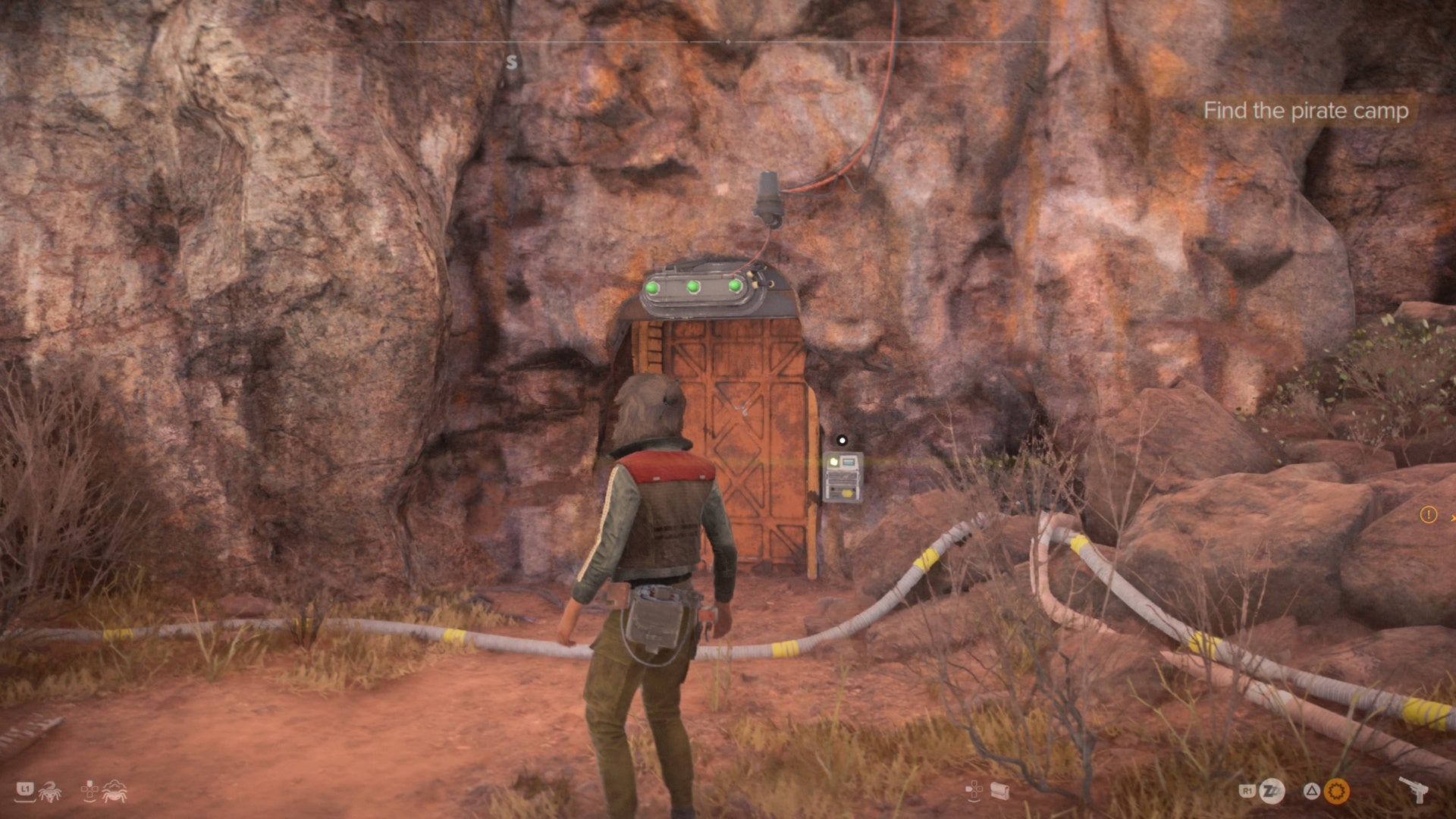 star wars outlaws kay facing green lit door at smugglers hideout on toshara