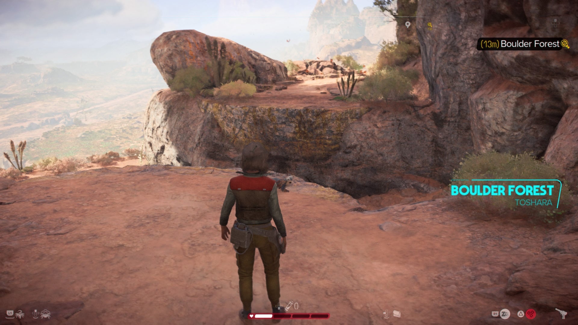star wars outlaws kay facing jump to climbable wall on cliff in boulder forest