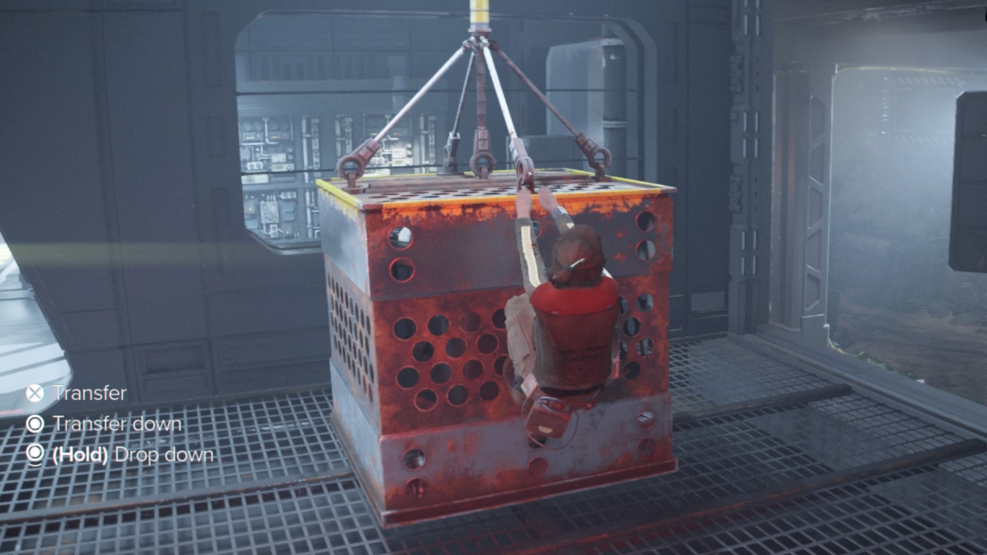 star wars outlaws kay hanging on side of crate droidsmith gun turret mission