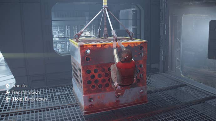 star wars outlaws kay hanging on side of crate droidsmith gun turret mission