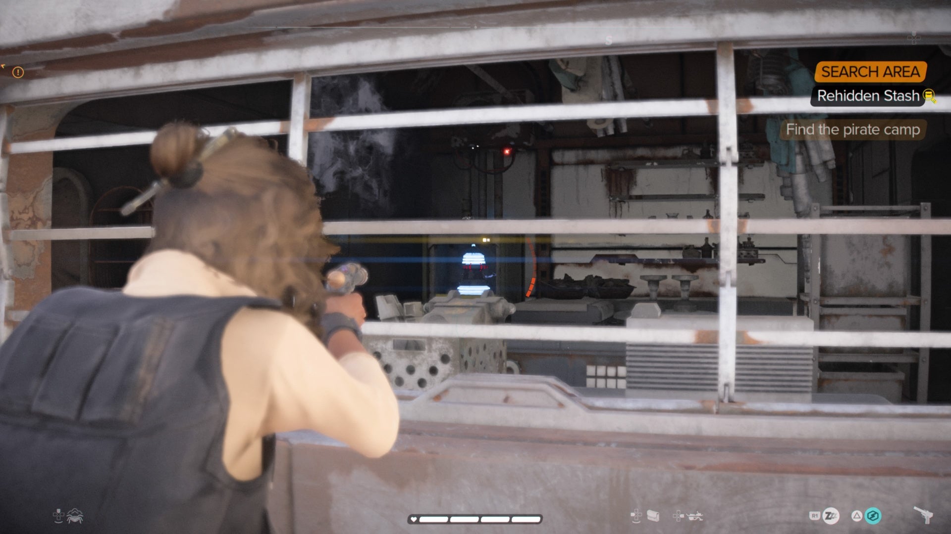 star wars outlaws kay shooting device in building with ion blast