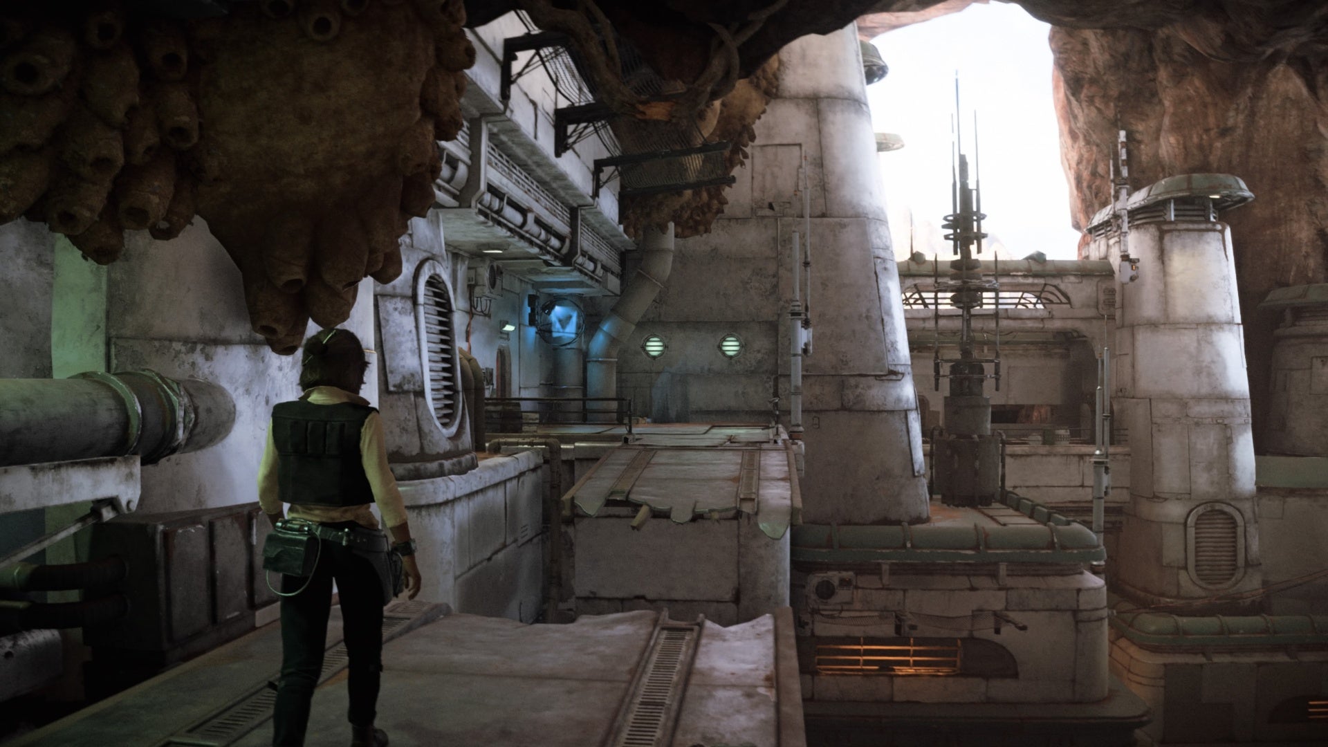 star wars outlaws kay standing at grapple point to kaslo&rsquo;s parlor in mirogana