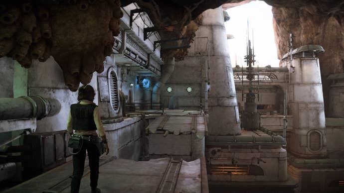 star wars outlaws kay standing at grapple point to kaslo’s parlor in mirogana