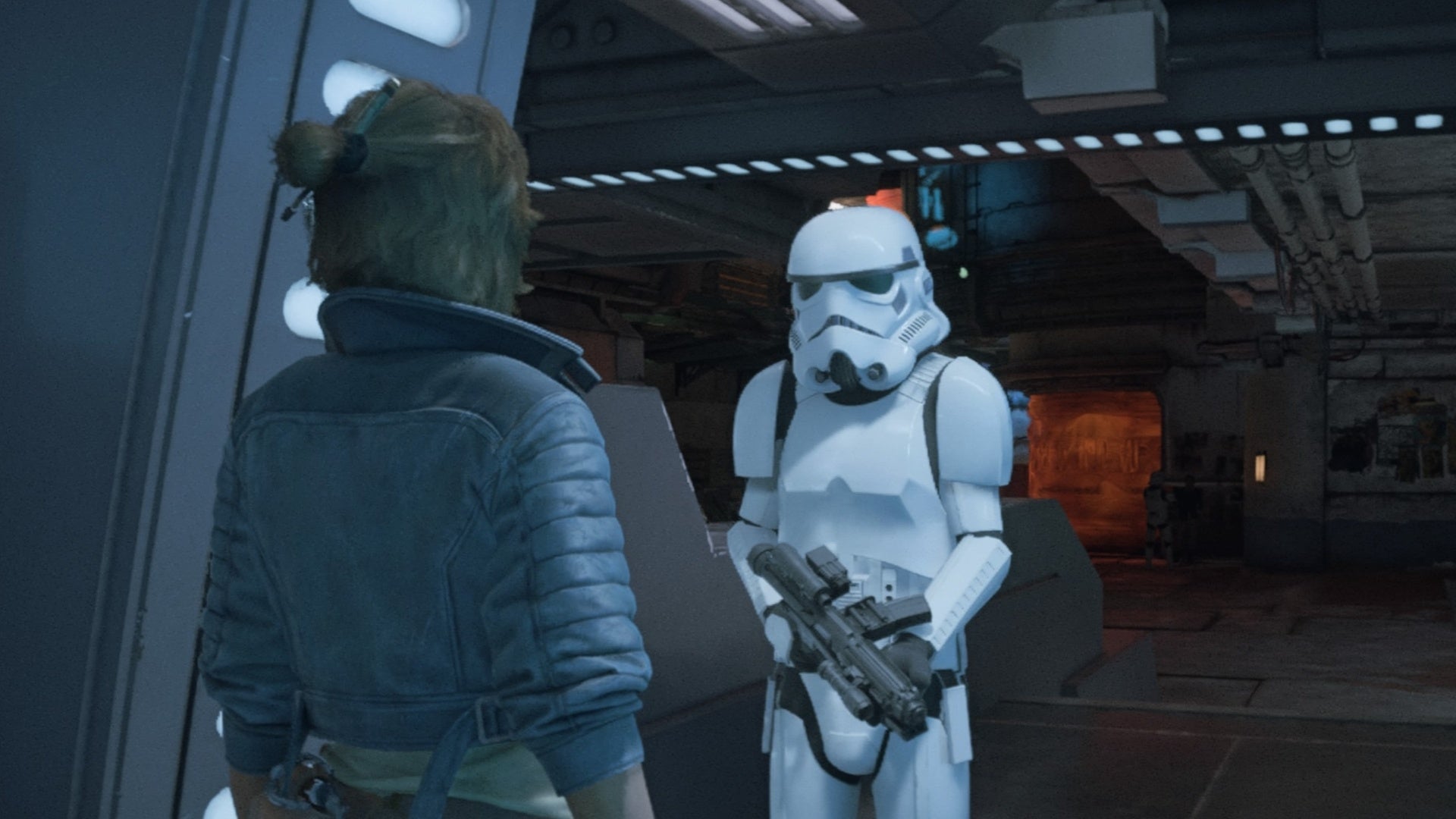 star wars outlaws kay talking to storm trooper