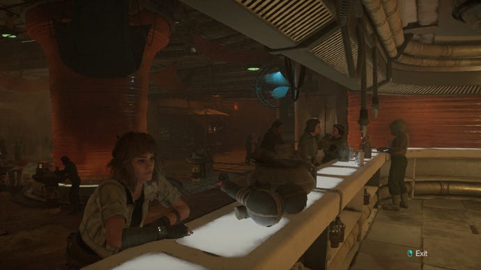 Star Wars Outlaws screenshot of Kay Vess, blending in at a bar to gather intel.