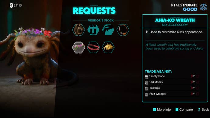 Star Wars Outlaws screenshot of Nix wearing a flower crown, a reward for fulfilling a merchant’s personal request.
