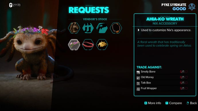 Star Wars Outlaws screenshot of Nix wearing a flower crown, a reward for fulfilling a merchant’s personal request.