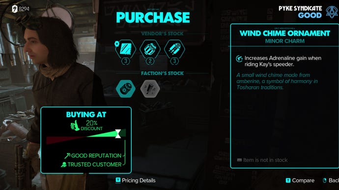Star Wars Outlaws screenshot of a merchant offering a discount to Crimson Dawn loyalists.