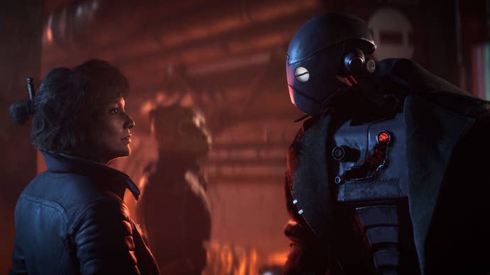 Kay Vess and her robotic partner ND-5 talk with each other in Star Wars Outlaws.