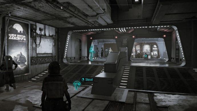 Star Wars Outlaws screenshot of Nix being commanded to steal from a Stormtrooper.