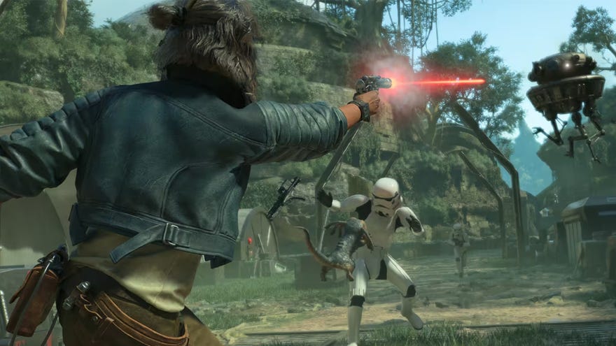 Star Wars Outlaws promotional art of Kay Vess shooting at Stormtroopers.