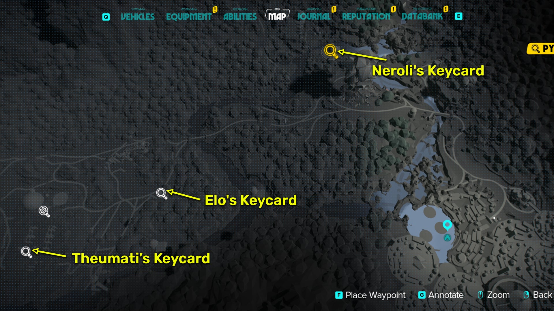 Star Wars Outlaws screenshot of the Pkye keycard locations on Akiva.