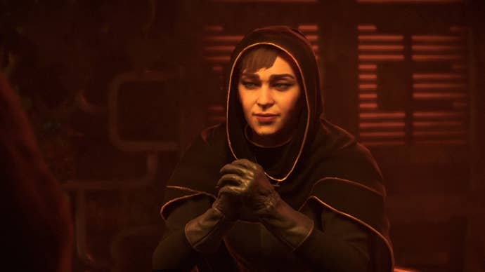Star Wars Outlaws screenshot of Qi’ra, the leader of the Crimson Dawn syndicate.