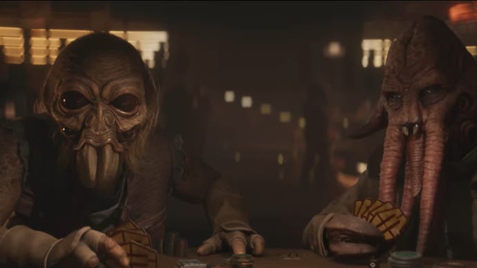 Star Wars Outlaws screenshot showing a Quarren and an Aqualish playing Sabacc