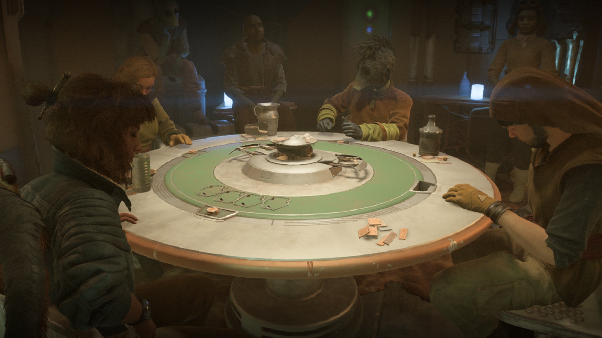 Star Wars Outlaws screenshot of Kay Vess at a Sabacc table. - 1