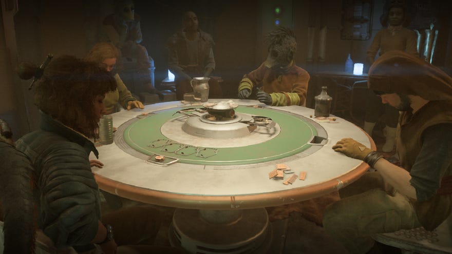 Star Wars Outlaws screenshot of Kay Vess at a Sabacc table.