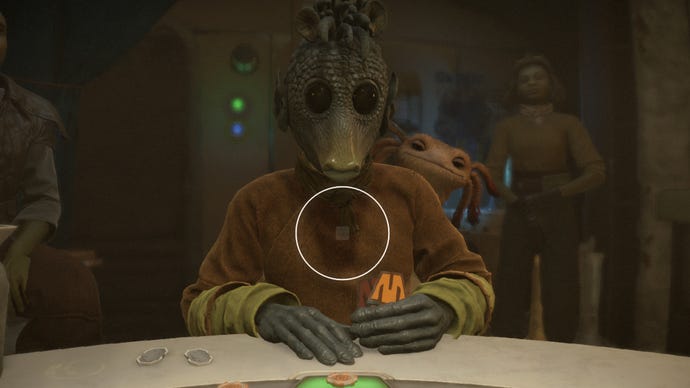 Star Wars Outlaws screenshot of Kay Vess at a Sabacc table, commanding Nix to cheat and spy for her.