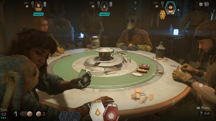 Star Wars Outlaws screenshot of Kay Vess at a Sabacc table.