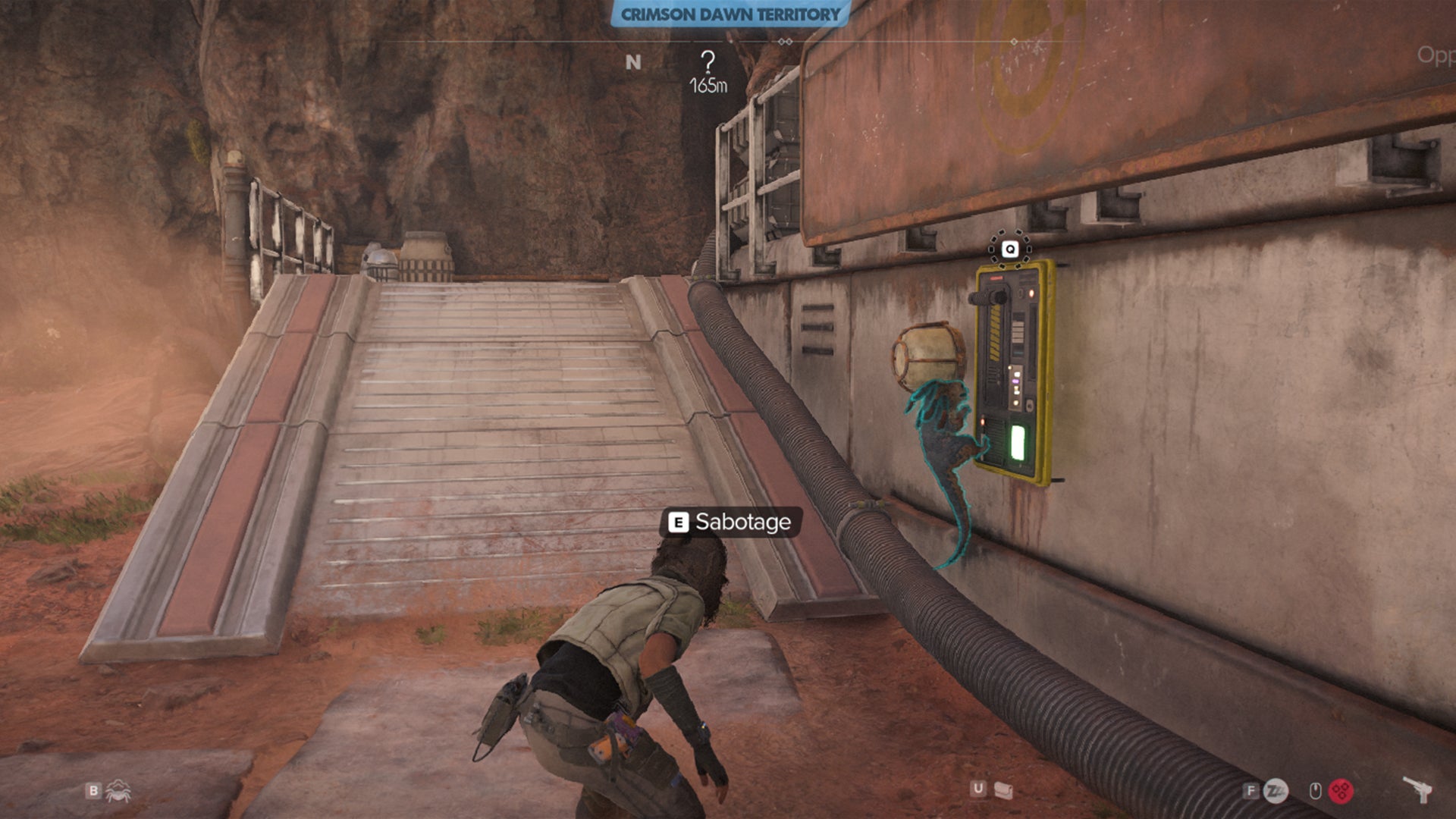 Star Wars Outlaws screenshot of Nix trapping an alarm within a Crimson Dawn camp. - 8