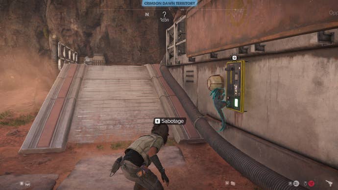 Star Wars Outlaws screenshot of Nix trapping an alarm within a Crimson Dawn camp.