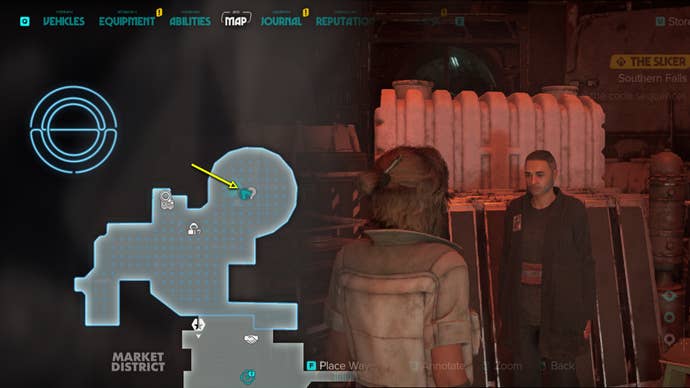 Star Wars Outlaws screenshot of Kay Vess meeting The Slicer’s contact within Crimson Dawn headquarters.