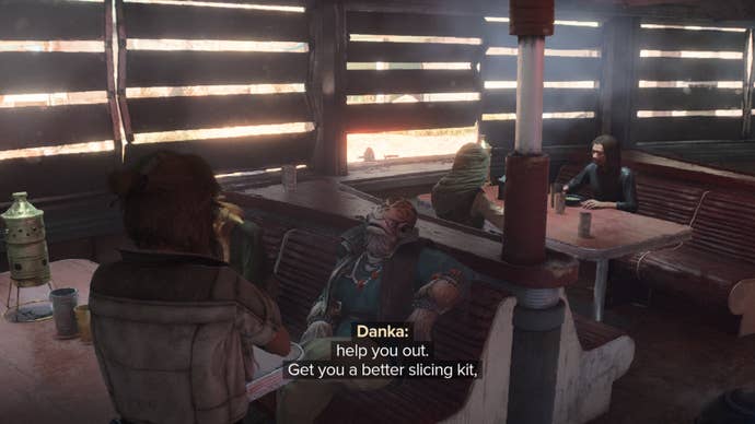 Star Wars Outlaws screenshot of Kay Vess and Danka speaking at a bar in Jaunta’s Hope.