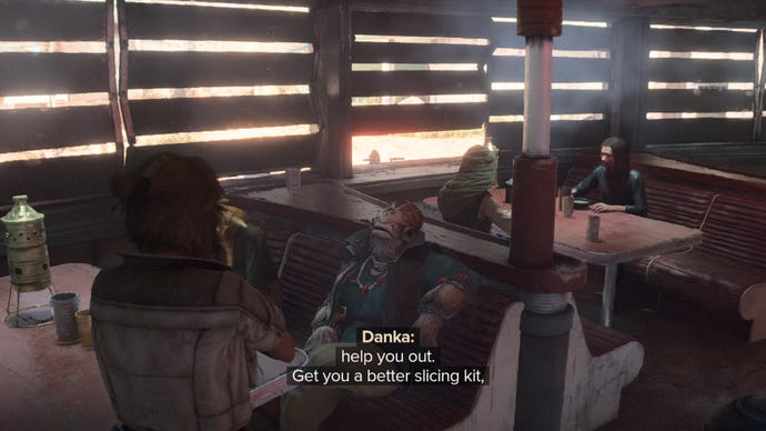 Star Wars Outlaws screenshot of Kay Vess and Danka speaking at a bar in Jaunta’s Hope.