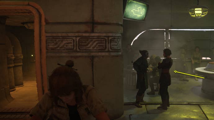 Star Wars Outlaws screenshot of Kay Vess eavesdropping for intel in a bar.