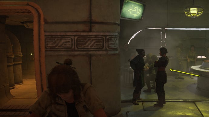 Star Wars Outlaws screenshot of Kay Vess eavesdropping for intel in a bar.