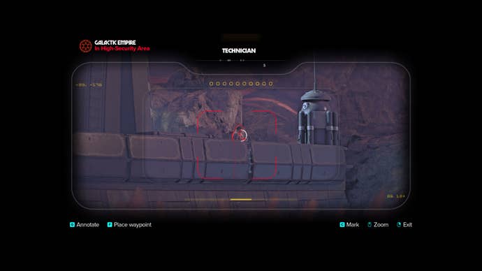 Star Wars Outlaws screenshot of Kay Vess searching for Imperial Technicians with her binoculars.