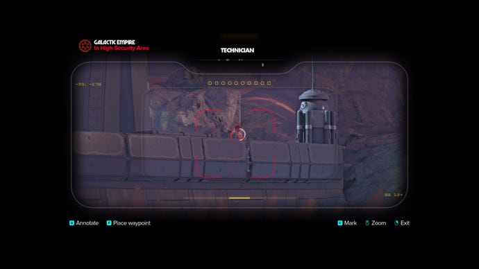 Star Wars Outlaws screenshot of Kay Vess searching for Imperial Technicians with her binoculars.