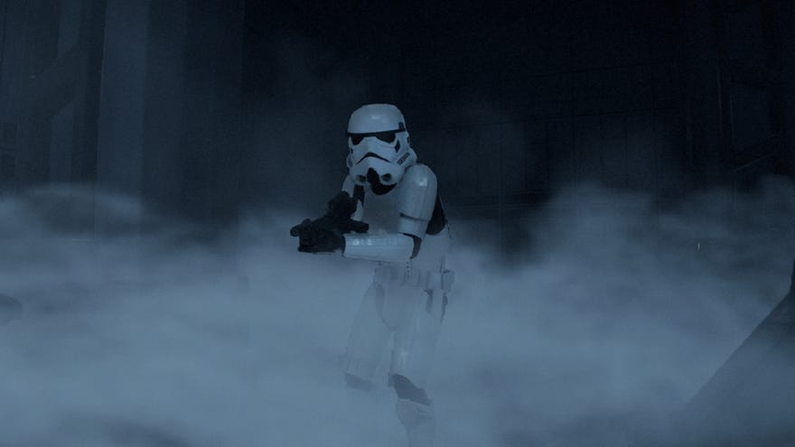 Star Wars Outlaws screenshot of a Stormtrooper within Smoke Bomb smoke.