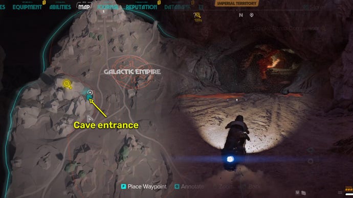 Star Wars Outlaws screenshot of the route Kay needs to take to get the Smoke Bomb Compressor part.